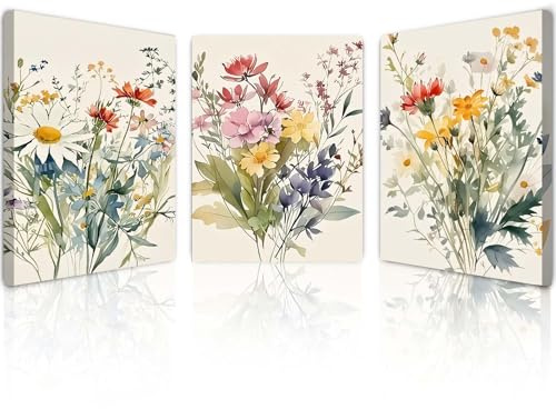 Qiukoo Set of 3 Framed Canvas Wall Art – Floral Canvas Prints with Pre-Installed Hooks Modern Wall Pictures for Living Room Bedroom Hallway or Office, Framed Wall Décor for Home Decoration 12 × 16