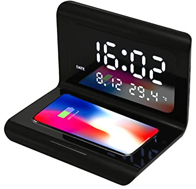 Buachois TelefonLadeuhr, 10W drahtloses Ladegerät Wecker, 3 in 1 8mm Tast Abstand Qi mit Thermometer Kalender Zeitanzeige Uhr Station