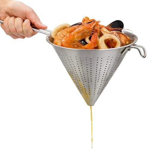 Colador Chino de Cocina, Colador forma cónica, colador Chino, Escurridor de Acero, Apto para para Pasta, Verduras, Frutas y Arroz, Acero inoxidable, Incluye 1 gancho de sujección, Diámetro 18 cm