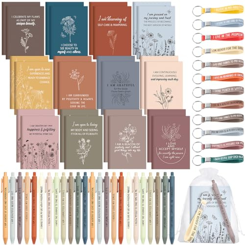 Mooliwe 72 Pcs/24 Set Positive Affirmation Gift Set Gratitude Notebooks with Affirmation Pens Keychains Small Bags Motivational Notepads for Women Coworkers Christmas Adult Party Favors(Fresh)