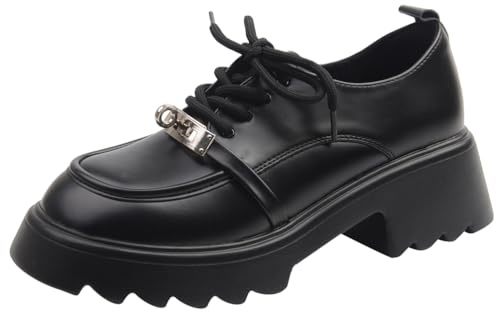 Wtharosa Oxford Mocasines con Plataforma de Piel Sintética Mujer Cordones Tacón Grueso Punta Redonda Ajuste Ancho Zapatos de Vestir para Oficina y Conjuntos Casuales,Negro,35 EU