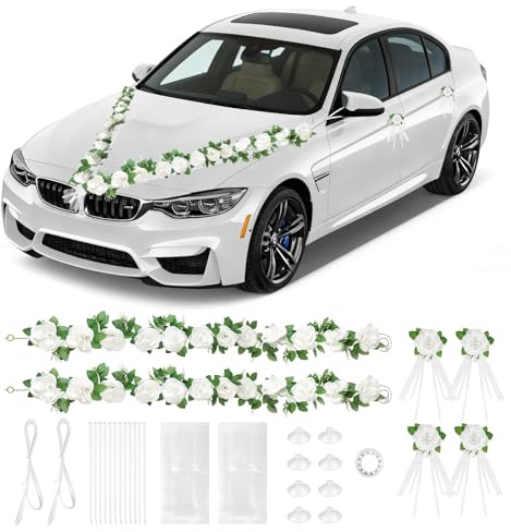 SUPAWAY Blumenschmuck Auto Hochzeit Weiß Rattan Wedding Deko Girlande PKW | mit 24 Rattan Blumen Autofront (2x 2,05m), 2x Rückspiegelblumen - 2x 1,8m Tüllstreifen usw. für Hochzeit Empfang Zeremonie