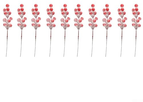 Rami di bacche artificiali con mini bacche di agrifoglio rosse e accenti di fiocco di neve, confezione da 10 pezzi di steli finti per decorazioni stagionali, artigianato e uso domestico