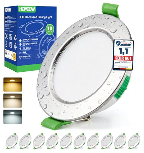 HOMEOW 10er Set Einbaustrahler LED, Spots 230V 68mm - 80mm Lochmaß, Nickel Deckenspots Deckenleuchte Warmweiß Neutralweiß Kaltweiß, 24mm Ultra Flach IP44 Einbauleuchten für Badezimmer Küche
