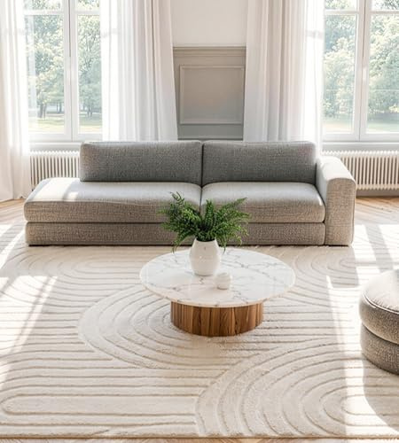 ROHATIM Wohnzimmer Teppich Beige 230x160 cm mit Relief-Struktur Kreise, Weicher Soft-Flanell, rutschfest, Waschbar & Faltbar, Großer Deko-Teppich für Lounge & Esszimmer
