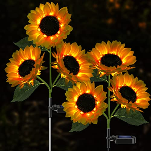 Meagoo Solar Sunflower Lights, 800mA Solar Garden Light with Real Looking Flowers Outdoor Waterproof Solar Stake Lights for Back Yard, Flower Bed, Pathway, Patio, Porch, Fall Decoration (6 Pack)