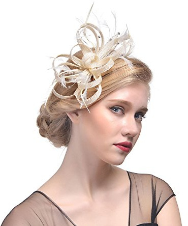 Amorar dam Fascinator, hårspänne, hatt, bankett, hatt, pannband, fjäder, blomma, slöja, bowler, brudhatt, för cocktail, bröllop (beige)
