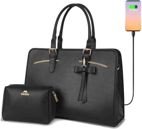 MATEIN Laptop Handtasche Damen, Business Taschen Leder Aktentasche 15.6 Zoll Laptoptasche Elegant Mittelgroß Arbeitstasche Damen Büro Schule Taschen Shopper Handbags for Women, Frauen, Schwarz