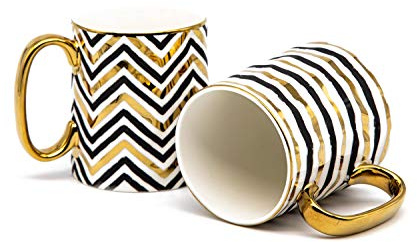 KooK Juego de tazas de café, tazas de café, tazas negras y doradas, porcelana, tazas de té con asas, diseño geométrico con detalles dorados metálicos, 419.6 g, negro y dorado, juego de 2
