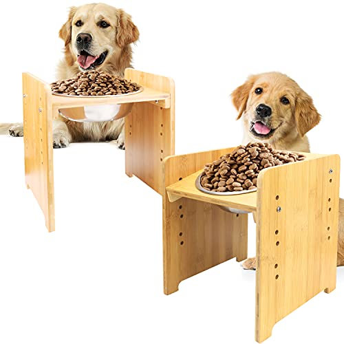 FOREYY Set of 2 Raised Pet Bowls for Cats and Small Dogs - Bamboo Tilted Single Elevated Dog Cat Food and Water Stand Feeder with 2 Stainless Steel Bowls and Anti Slip Feet for Comfort Feeding(Large)