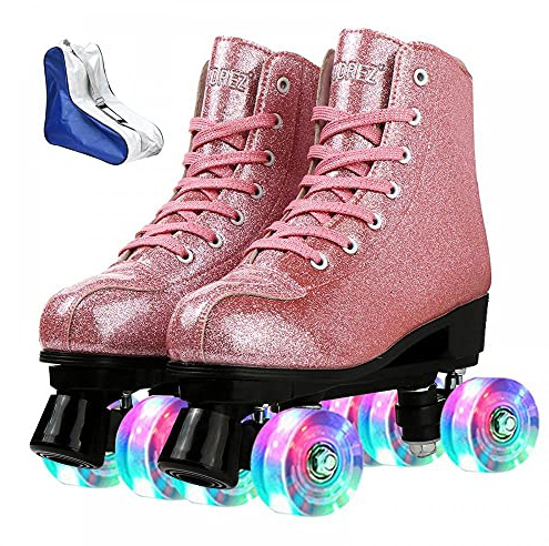 Rollschuhe für Damen und Herren, glänzendes PU-Leder, High-Top-Rollschuhe für Anfänger, klassische zweireihige Rollschuhe, Rollschuhe für drinnen und draußen (Kristallrosa, Blitzräder, 41)