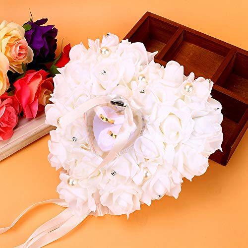 Coussin de Bague de Mariage, Porte Alliance Mariage, Coussins pour Bagues, Coussin Mariage Alliance, Bourgeon Mariage Poche Bague Coussin Porteur, Porte-Oreiller Blanc Bowknot Anneau Porteur