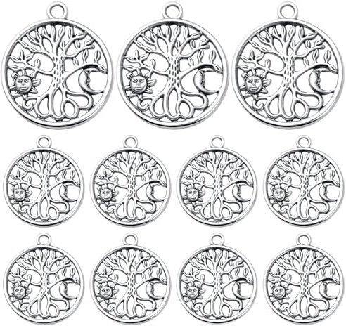30 ciondoli a forma di albero della vita, in argento anticato, con sole, luna, in lega tibetana, cavi, rotondi, vintage, accessori per la creazione di gioielli per collane e braccialetti fai da te