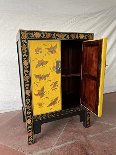 Kunibert Antike chinesische Kommode Tibet Anrichte Asia Sideboard Chinakommode mit 2 Türen und 2 Regalablageflächen Breite57xHöhe85cm Farbe: Rot mit gelb