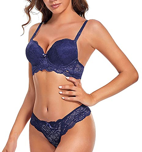 SHEKINI Conjuntos de lencería Push up Sujetador y Tanga de Encaje Sexy Lingerie Set Sujertador Mujer con Aros sin Relleno Cómoda Bra y Tanga