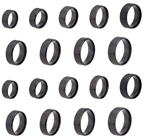 UNICRAFTALE 18 stycken svart rostfritt stål enkel bandring 9 storlekar lasermärkning blank fingerring metall allergivänliga klassisk bröllopsring för smyckestillverkning