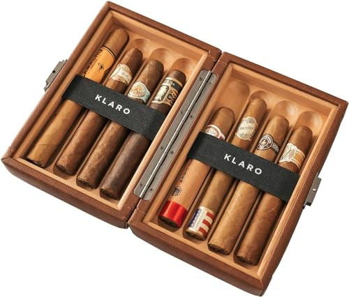 CASE ELEGANCE Maxwell Resefodral, hårt fodral för 8 cigarrer, brunt veganskt läder, spanskt cederträ, foder, 180 graders öppning, kanonbronsmaterial