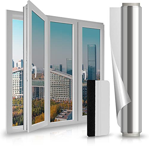 LULUETPUE Spiegelfolie Selbstklebend Sonnenschutzfolie Fenster innen UV-Schutz Reflektierende Fensterfolie Silber Thermofolie für Büro und Haus, (90 * 400CM)