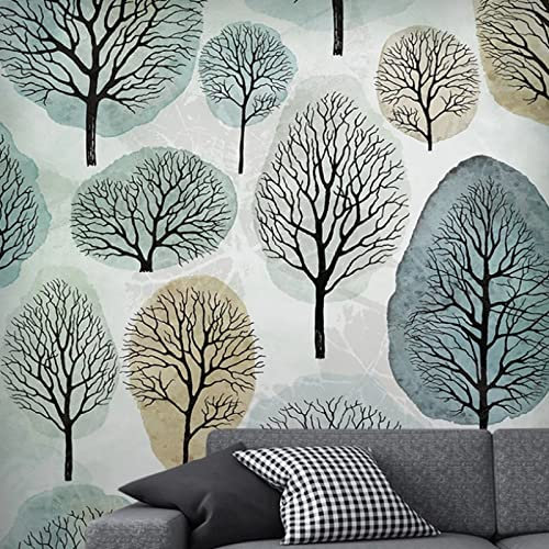 Papier Peint Intissé 3D Effet 350Cm(W)*256Cm(H) Décoration Murale Poster Tableaux Muraux Tapisserie Ornament Modèle D'Arbre Aquarelle Rétro Vert