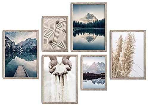 decomonkey 6er Poster Set ohne Bilderrahmen, Natur, 2x A4 & 4x A3 | 2x DIN A4 & 4x DIN A3, Landschaft, Wohnzimmer, Schlafzimmer, Wandposter, Bilder, Collage, Modern, Wanddeko, Berge, See, Blau