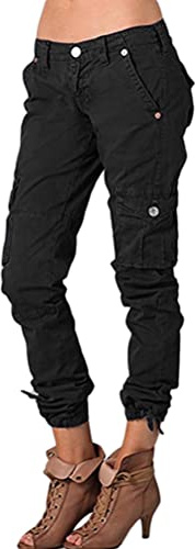 ORANDESIGNE Pantalon Femme Cargo Fuselé Slim Crayon Chic Pantalon avec Multi Poches Carotte Casual Boyfriend Pantalon de Loisirs Cargo Pants A Noir M