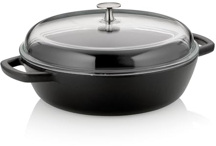 kela Schmorpfanne 28 cm hoher Rand CALIDO, Gusseisenpfanne Induktion mit Glasdeckel 3,8 l, Pfanne Gusseisen emailliert, schwarz