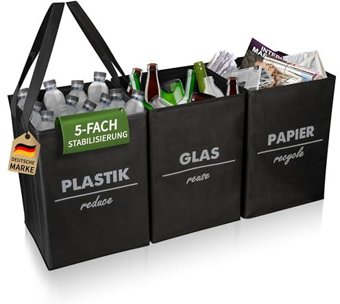 COTTARA® Mülltrennsystem 3fach faltbar mit 5fach Stabilisierung| Recycling Behälter aus robustem Material | Perfekt als Mülltrenner, Pfandflaschen Aufbewahrung, altpapier sammelbehälter schwarz