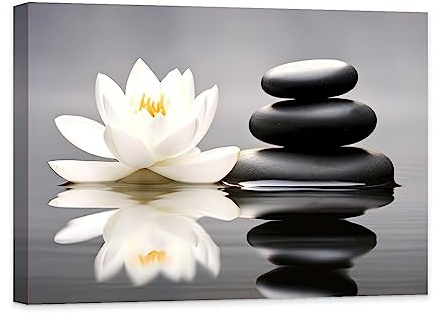 CCWACPP Zen Leinwand Wanddruck weißes Lotus Wandbild Blumen Stein Spa Gemälde Schlafzimmer Badezimmer Yoga Meditation spirituelle Raum Wanddekoration 40x60 cm