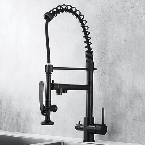 XJTNLB 3 Wege Wasserhahn Küche für Wasserfilter 2 Modus Osmose Armatur Küche Spiral Spring 360° Drehba Osmoseanlage Direkt an Wasserhahn,Wasserhahn Schwarz Küche,A