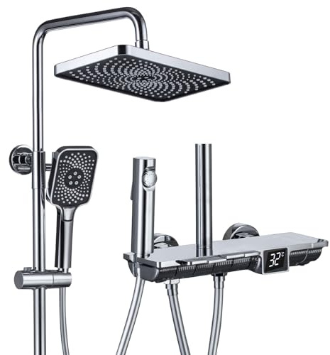 BEITH Thermostatic Shower Set, Piano Key Design Shower Faucet Set, 30x18cm Square Shower System with Bathtub Faucet, LED Digital Display, Hydroelectric Power, Booster Spray Gun (Hot&Cold Optional)