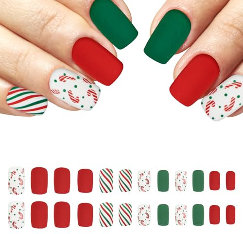 Y9MSCTWZJ Christmas False Nails Short, Red & Green Press on Nail Square, Matte Christmas Stick on Nails with Candy, Removable Acrylic Full Cover Fake Nails for Women Nail Art Accessories