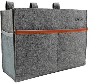 KAKKOII Bedside Caddy, Hanging Storage Bag, Chair Organizer Caddy, Remote, Magazine, Drink Bottle, Cell Phone Holder with Fixed Straps for Hospital Bed, Dorm Bed, Baby Stuff, Office (Grey Small)