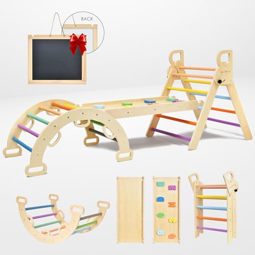 BlueWood 3-in-1 Montessori Indoor Spielset mit Bogen, Rampe und Kletterdreieck, Holz-Dreieckset für Baby-Innenspielplatz für Kinder, Spielplatz-Klettertoys für Kleinkinder – Regenbogen