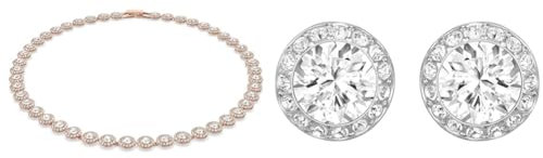 Swarovski Collana Angelic, Rotondo, Bianco, Placcato color oro Rosa & Orecchini a lobo Angelic, Taglio tondo, Bianchi, Placcato rodio