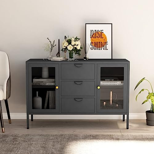 THOYTOUI Modernes Design Esszimmer Sideboard,Nachttisch,Aufbewahrungsschrank für Wohnzimmer Schlafzimmer Bad,Sideboard Anthrazit 105 x 35 x 70 cm Stahl und Hartglas