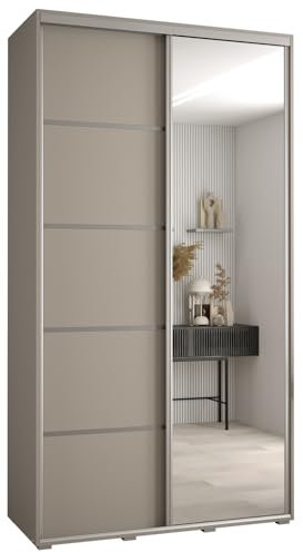 MEBLE KRYSPOL Dakota 5 Schrank mit Zwei Schiebetüren - Moderner Kleiderschrank mit Spiegel, Kleiderstange und Regalen - 235,2x140x45cm - Kaschmir Silber