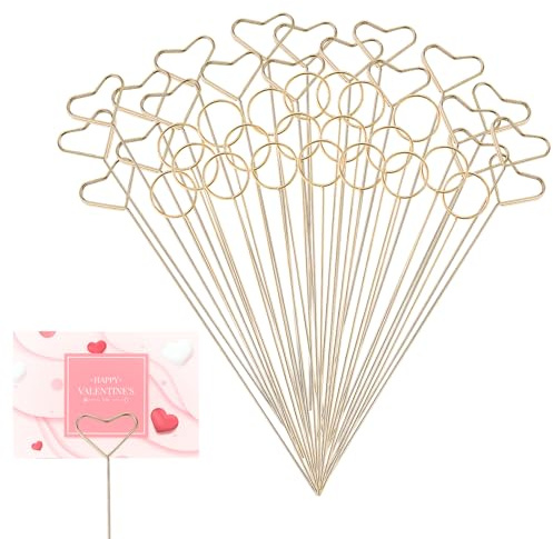 Andibro 40 Stück Blumen Tischkartenhalter aus Metall, Blumen Fotohalter Blumen Pick Kartenhalter 30cm Goldener Herzform Rund Foto Stick Clip für Blumenarrangements Blumenstrauß Hochzeitsdekoration