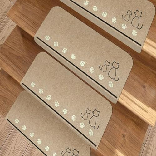 Treppenläufer, Teppich für Treppenhäuser, Innenbereich, Beige Grün, leuchtende Treppenstufen, selbstklebend, Treppenteppich, rutschfest, Beige Katze, 4 Stück/Packung