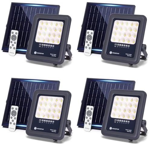 Aigostar Foco proyector LED solar con control remoto 4 piezas,focos solare de 50W, 500LM,luz blanca fría de 6500K,IP65 impermeable Luz solar exterior,para jardín,terrazas,caminos,garajes,cable de 2M