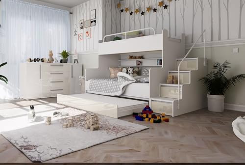 Marlux-Meble Hochbett Kinderbett JSM-6 mit Treppe 80x190 + 120x190 + 80x184 cm Hochglanz Etagenbett Jugendhochbett DREI BETTEN IN EINEM (Beige Glanz)