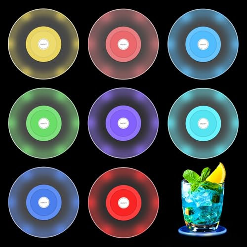 Joycabin 8 pièces de dessous de verre à LED, dessous de verre LED colorés lumineux avec 7 modes d'éclairage, dessous de verre étanches lumineux pour les fêtes, mariages, bar, Noël