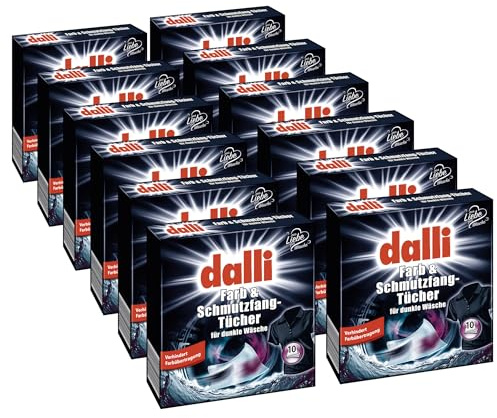 dalli® Farb- & Schmutzfangtücher für dunkle Wäsche I 12 x 10 Waschladungen pro Packung I Schützt vor Farbverlust & Verfärbungen | 12er Pack