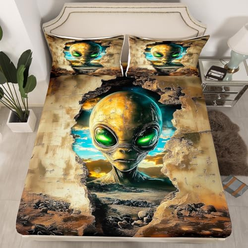 Alien Print Fitted Sheet Twin Size,3D Alien Outer Space Theme Mattress Protector with 1 Pillowcase,Spacecraft Rustic Wall Elastic Deep Pocket Kids Bed Cover (No Top Sheet)