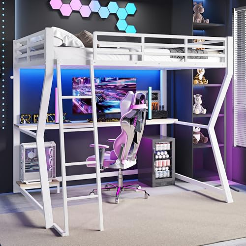 Merax Hochbett mit Schreibtisch 90x200 cm, Kinderbett Stockbett mit fernbedienbarem Ambientelicht, Steckdose + USB, Metallbettgestell mit Sicherheitsgeländer und Leiter für Kinder und Erwachsene, Weiß