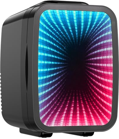 LIGIANT MF01C Mini Fridge, 7 Light Modes Including Flashing Marquee, Quiet Cooling & Warming Function, AC/DC Power, 4 L/6 Cans Capacity, Small Refrigerator for Gaming Room, Bedroom, Office and Car