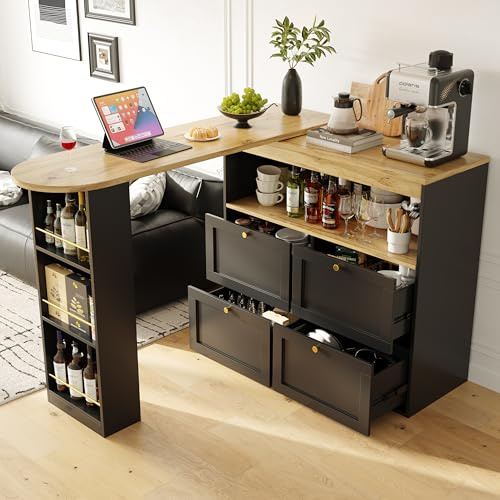 IHO SOFA Moderner Bartisch mit Stauraum, Ausziehbar 360° Drehbare Bartisch mit 4 Schubladen und Offene Ablagen, Ausziehbarer Esstisch mit Regal, Stehtisch Bistrotisch Hausbar Theke, Schwarz