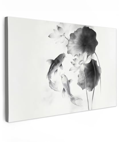 MuchoWow© Quadri Moderni Soggiorno Poster Da Parete Decorazioni Muro | 120x80 cm - Salotto Quadro Grande Foto Con Cornice Stampe Su Tela Camera Da Letto Fiori Di Loto - Pesci - Foglie - Nero