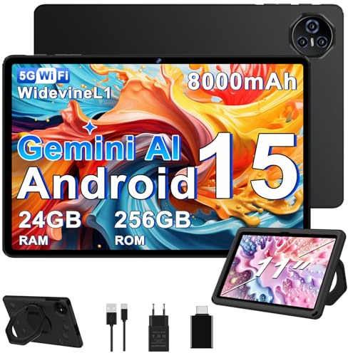 2026 Dernière Tablette 11 Pouces Android 15, Gemini AI tablette Widevine L1, 24Go RAM + 256Go ROM(TF 2To), Avec 5G WiFi Octa-Core 2.0GHz, 8000mAh, GPS, avec Noir EVA Étui de Protection Antichoc