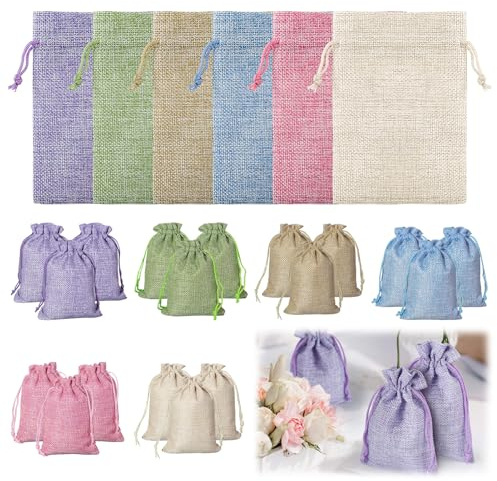 24 Lino con cordón Bolsas de Regalo, bolsas de yute con cordón multicolor 10 x 14 cm, bolsas de tela reutilizables pequeñas, 6 colores para joyas bodas fiestas Navidad manualidades