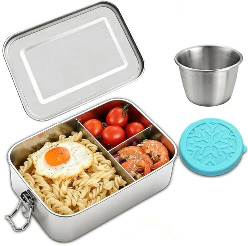 Fiambrera de Acero Inoxidable 1500 ml con 3 Compartimentos, Lunch Box Antifugas para Adultos Incluye Recipiente para Salsas, Para Oficina o Excursiones
